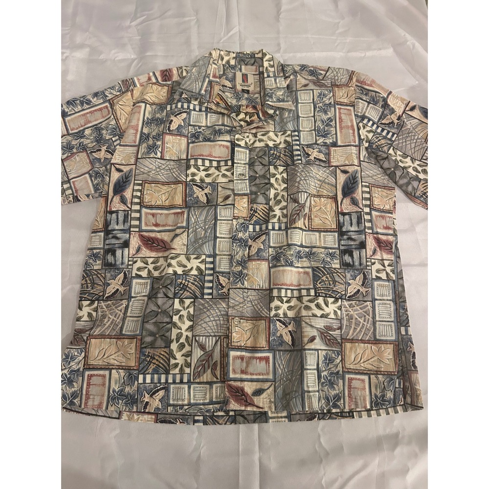 Tori Richard Button Shirt Mens XL Blue Geometric Patchwork Birds Good Tropical
